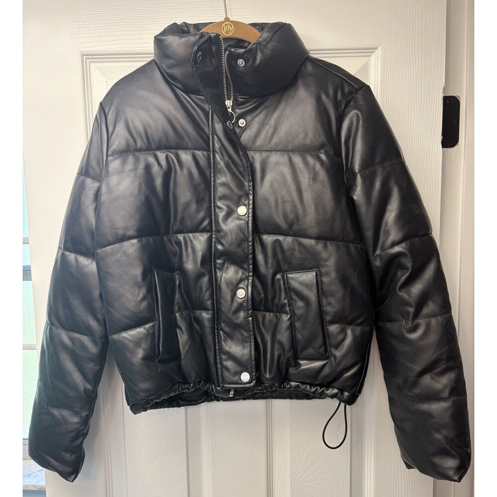 Hollister Faux Leather Puffer Jacket Black Quilted Zip Up Stand Collar Womens S